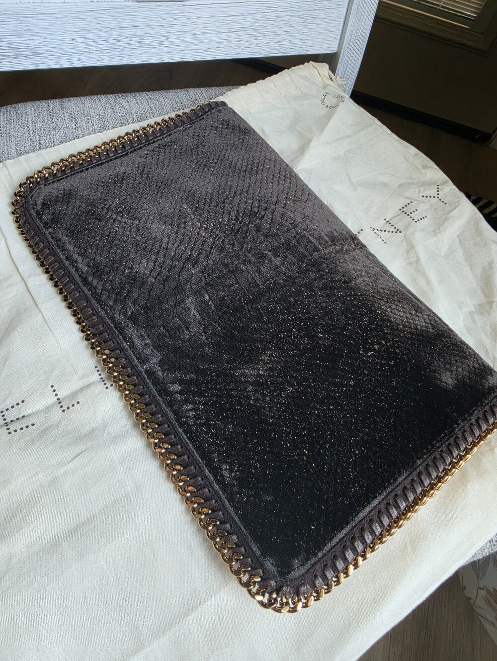 Stella McCartney Black Faux-Snake Foldover Chain Clutch with Gold Trim